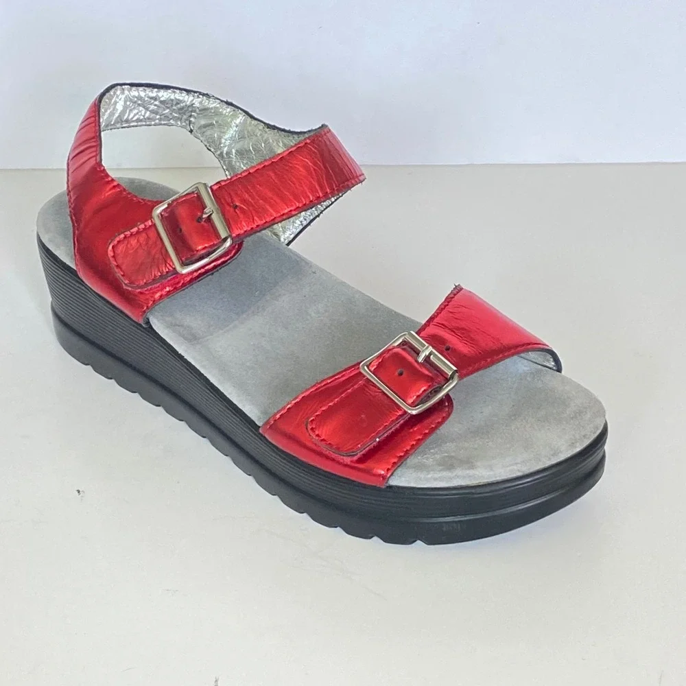 Alegria Morena Red Metallic Leather Platform Wedge Sandals MOR-257 Womens 41